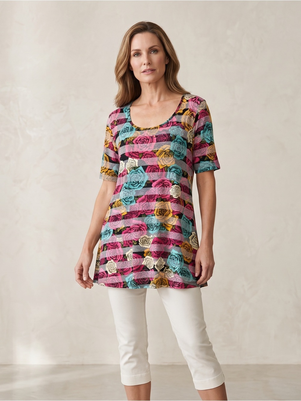 LuLaRoe Scoop-Neck Rose Stripe Tunic in Pink, Teal & Yellow